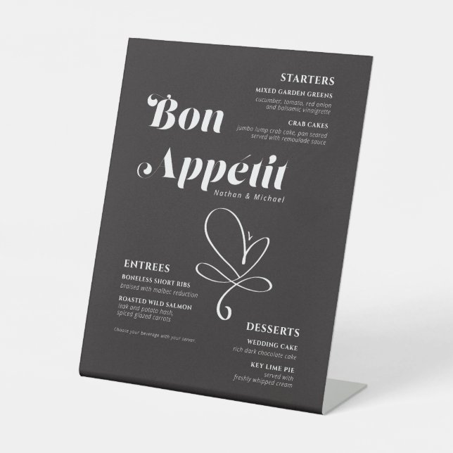 Signe De Table Bon Appetit Dîner Mariage Noir Blanc Menu (Recto)