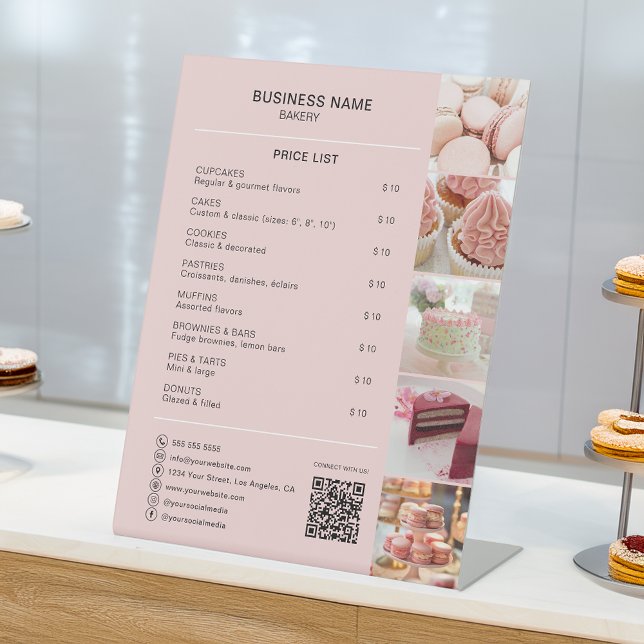 Signe De Table Boulangerie Photo personnalisée Médias sociaux QR  (Bakery Custom Photo Social Media QR Price List Pedestal Sign by MINTIC DESIGN STUDIO)