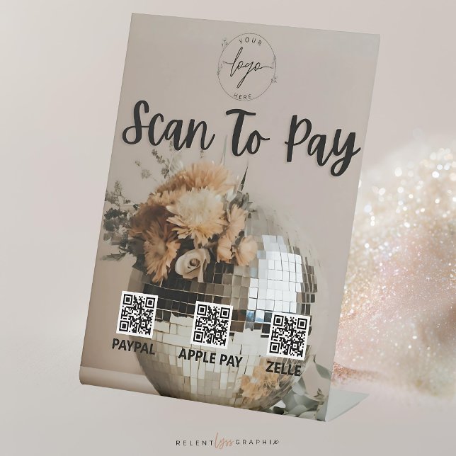 Signe De Table Boule Disco | Fleurs | Code QR | Signal de paiemen (Créateur téléchargé)