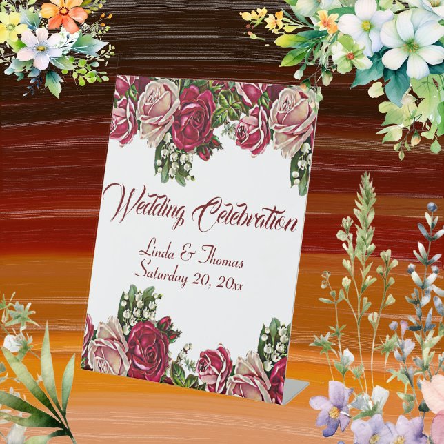 Signe De Table Bourgogne Rouge Rustique Rose Mariage campagnard F (Burgundy Red Rustic Roses Floral Country Wedding Pedestal Sign)