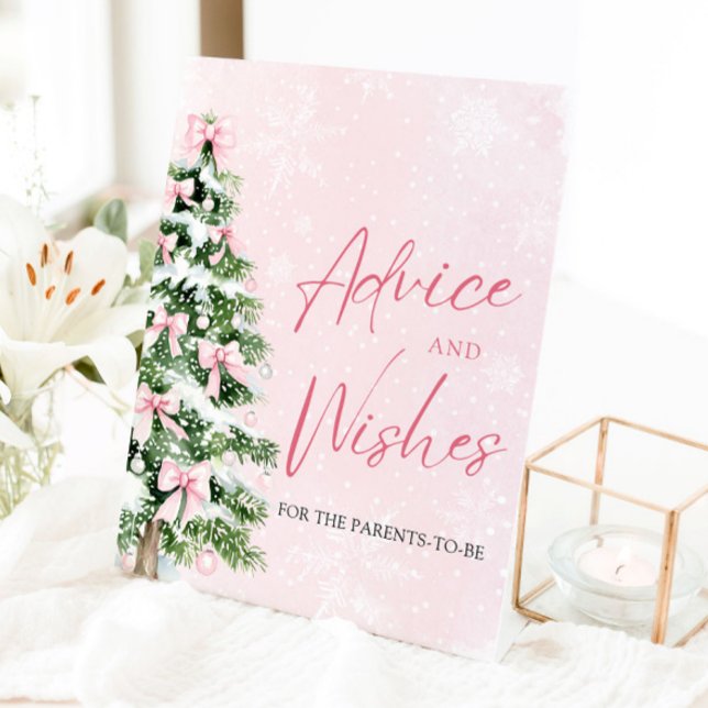 Signe De Table Bows Christmas Tree Baby shower Conseils et souhai (Winter Pink Bows Christmas Tree Baby Shower Advice and Wishes Pedestal Sign)