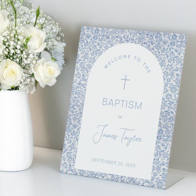 Signe De Table Boy Baptism Welcome Blue White Arch Floral Pattern (Créateur téléchargé)