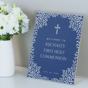 Signe De Table Boy First Communion Royal Blue Feuilles Bienvenue