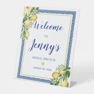 Signe De Table Brunch nuptial en carreaux bleu citron Bienvenue