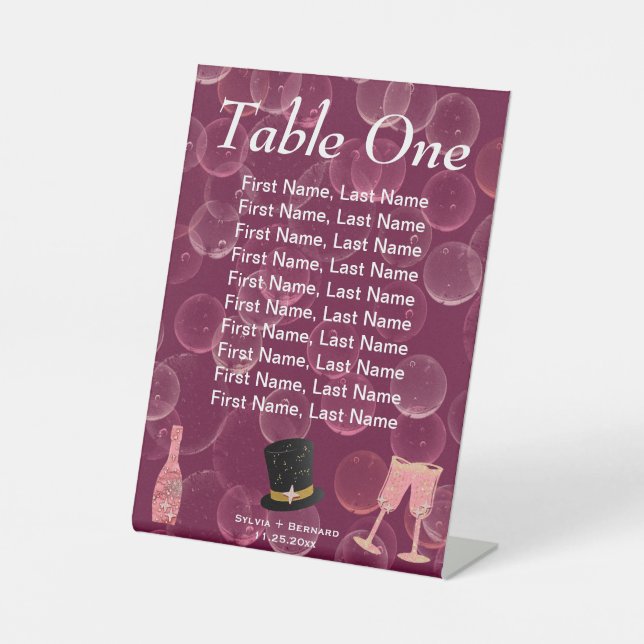Signe De Table Bubbly Champagne & Elegant Top Hat Numéro de table (Recto)
