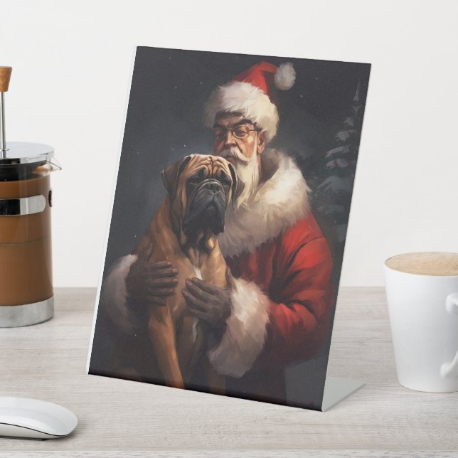 Signe De Table Bullmastiff avec Noël Festif du Père Noël (In SItu)