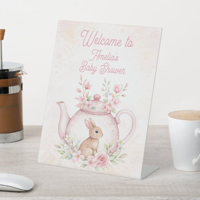 Signe De Table Bunny Rabbit Tea Pot Floral Welcome Baby Shower (In SItu)