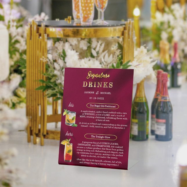 Signe De Table Burgundy and Gold Simple Wedding Signature Drinks (Créateur téléchargé)