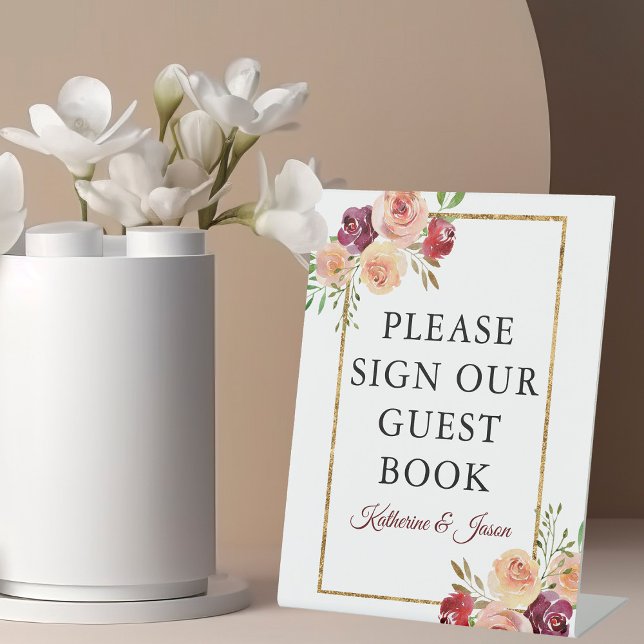 Signe De Table Burgundy Gold Floral Automne Mariage Livre d'hôtes (Créateur téléchargé)