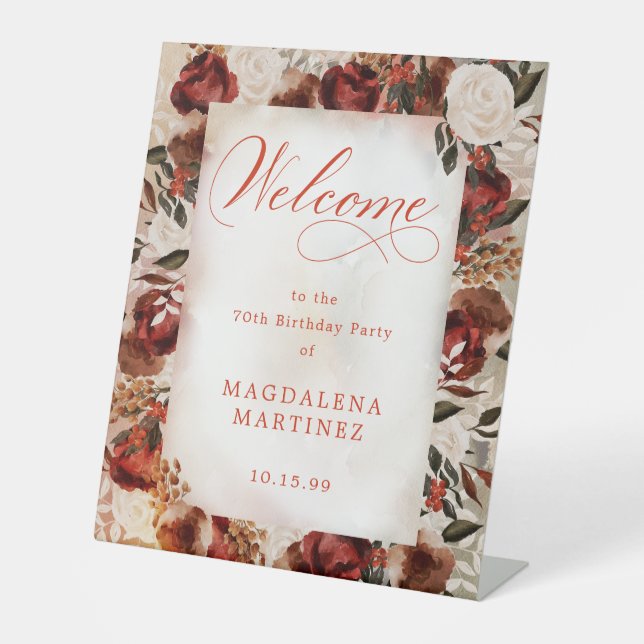 Signe De Table Burgundy Rose blanche 70e anniversaire Bienvenue (Recto)