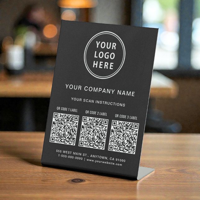 Signe De Table Business Logo Create 3 QR Codes Black (Business Logo Create 3 QR Codes Black Pedestal Sign)