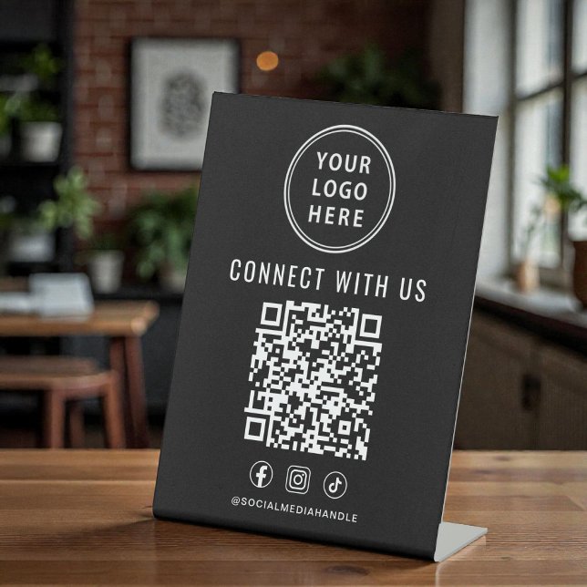 Signe De Table Business Logo QR Code Black Tabletop (Business Logo QR Code Black Tabletop Pedestal Sign)