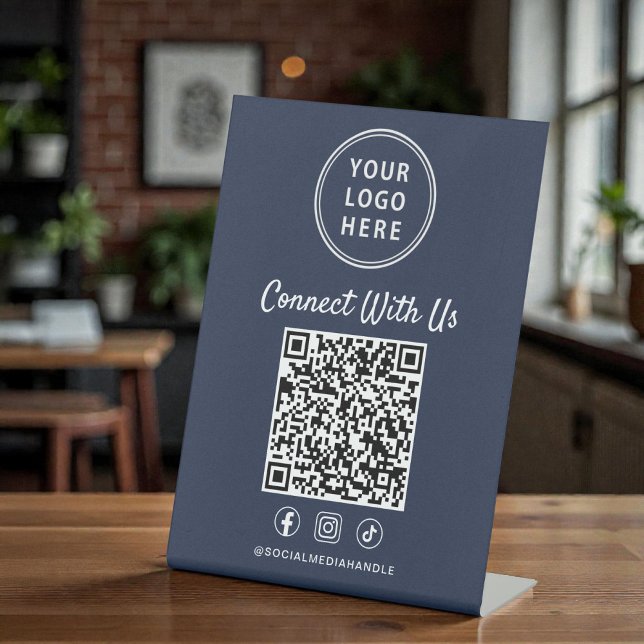 Signe De Table Business Logo QR Code Blue Tabletop (Business Logo QR Code Blue Tabletop Pedestal Sign)