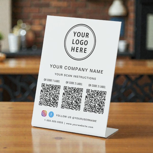 Signe De Table Business Logo Social Media Create 3 QR Codes (Business Logo Social Media Create 3 QR Codes Pedestal Sign)