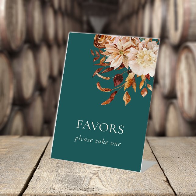 Signe De Table Cadeaux Rustiques (Autumn Teal Rustic Floral Leaves Table Top Favors Pedestal Sign by Painted Paperie
)