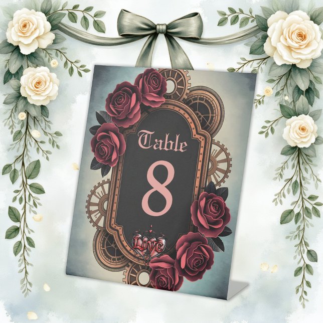 Signe De Table Cadre Steampunk avec Roses rouges et Engrenages (Créateur téléchargé)