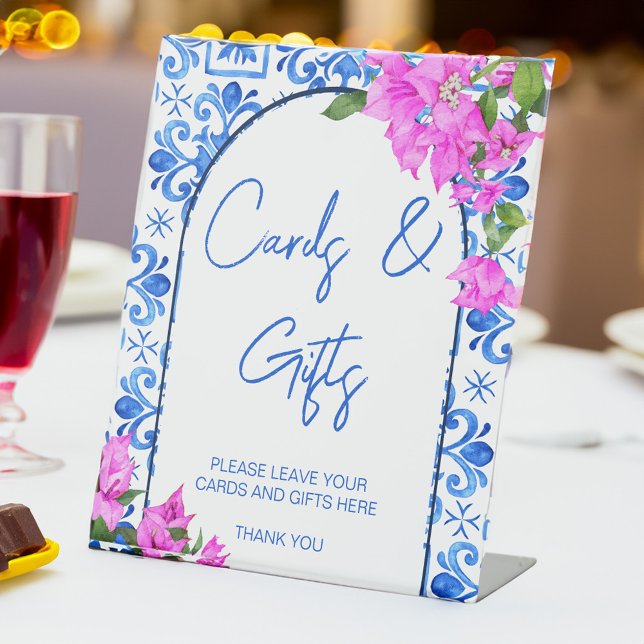 Signe De Table Carreaux bleus et Bougainvilliers Cadeaux méditerr (Blue Tiles and Bougainvillea Mediterranean bridal shower wedding gifts table Pedestal Sign)