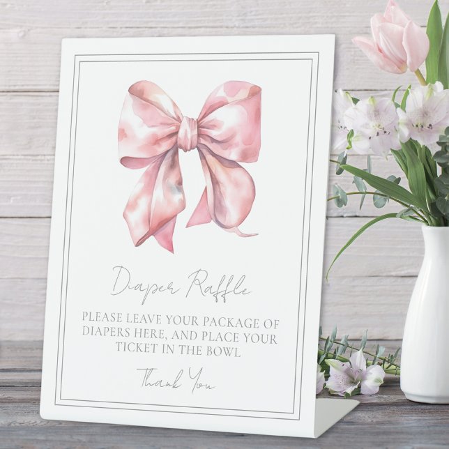 Signe De Table Carte d'accompagnement pour Baby Shower Ruban Rose (Pink Bow Baby Shower Enclosure Card Diaper Raffle Pedestal Sign )