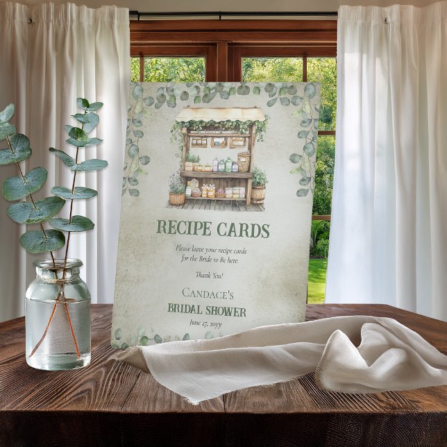 Signe De Table Carte de recette de stand de ferme de marché de fe (Fresh Off the Market Collection- "Recipe Cards" Bridal Shower Pedestal Tabletop 8" x 10" Sign)