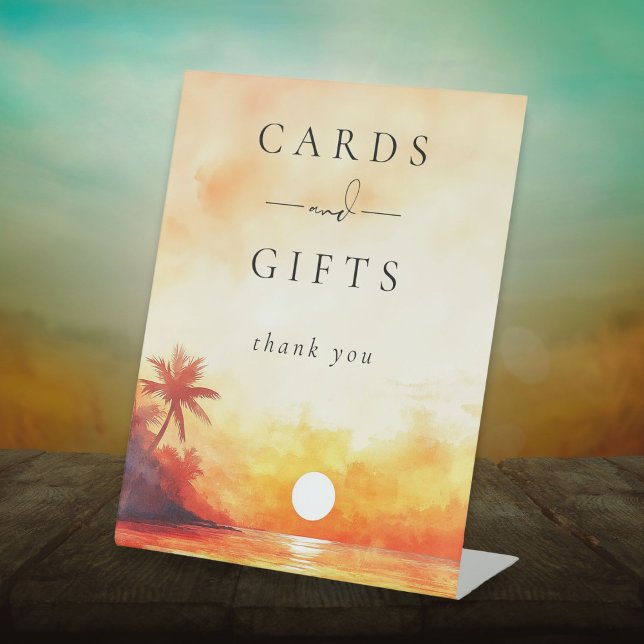 Signe De Table Carte Et Cadeaux De Coucher De Soleil De Plage Aqu (Modern Watercolor Beach Sunset Cards And Gifts Pedestal Sign)