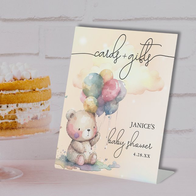 Signe De Table Cartes Baby showers d'ours + Cadeaux (Bear Baby Shower Cards + Gifts Pedestal Sign)