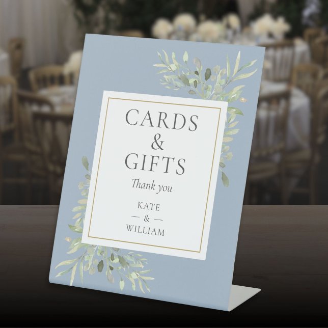 Signe De Table Cartes Et Cadeaux Aquarelle Verdure Dusty Blue (Cards And Gifts Watercolor Greenery Dusty Blue Pedestal Sign)