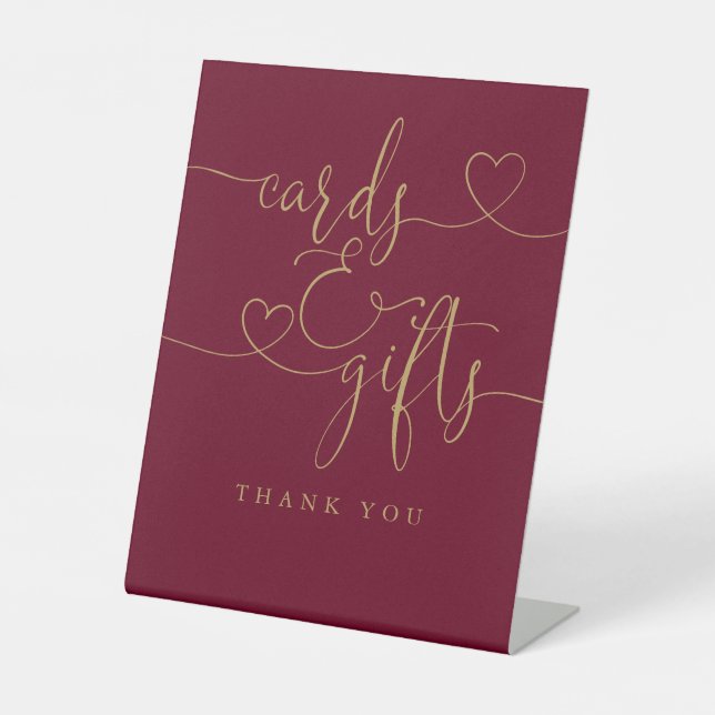 Signe De Table Cartes Et Cadeaux Coeurs Bourgogne Et Or (Recto)