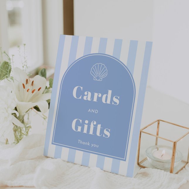 Signe De Table Cartes et cadeaux de Baby Shower Mariage Moderne L (Coastal themed "Cards And Gifts" 8x10 pedestal sign with modern retro styling)