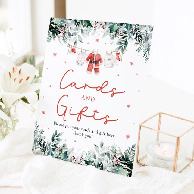 Signe De Table Cartes et cadeaux de Baby shower Red Christmas Pèr (Watercolor Red Christmas Santa Baby Shower Cards and Gifts Pedestal Sign)