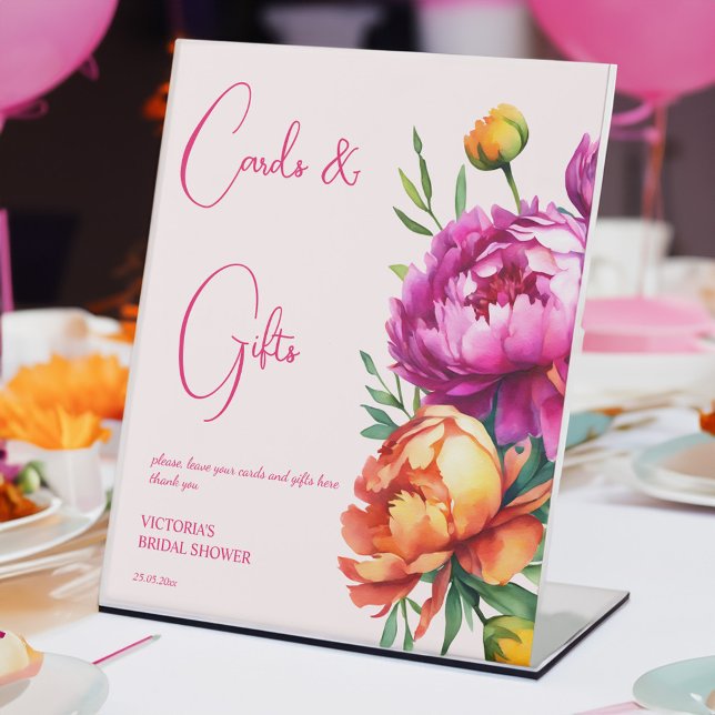 Signe De Table Cartes et cadeaux de pêche magenta rose (Pink magenta peach peonies summer bridal shower cards and gifts pedestal sign table decor)