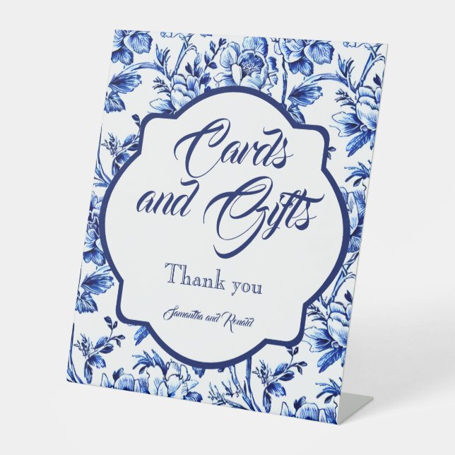 Signe De Table Cartes et cadeaux Floral Bleu & Blanc (Recto)