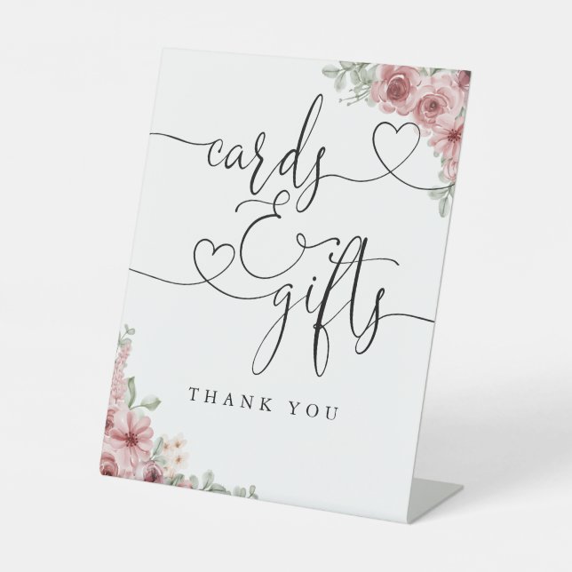 Signe De Table Cartes Et Cadeaux Script Coeur Rose Floral (Recto)