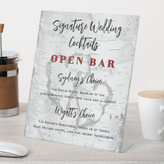 Signe De Table Carved Hearts Birch Wedding Bar Signature Drinks