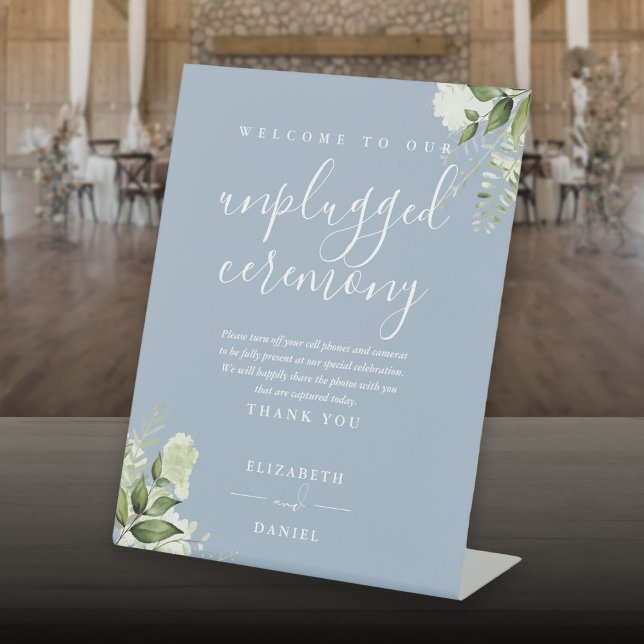 Signe De Table Cérémonie de la Dusty Blue Greenery Floral Unplugg (Dusty Blue Greenery Floral Unplugged Ceremony Pedestal Sign)