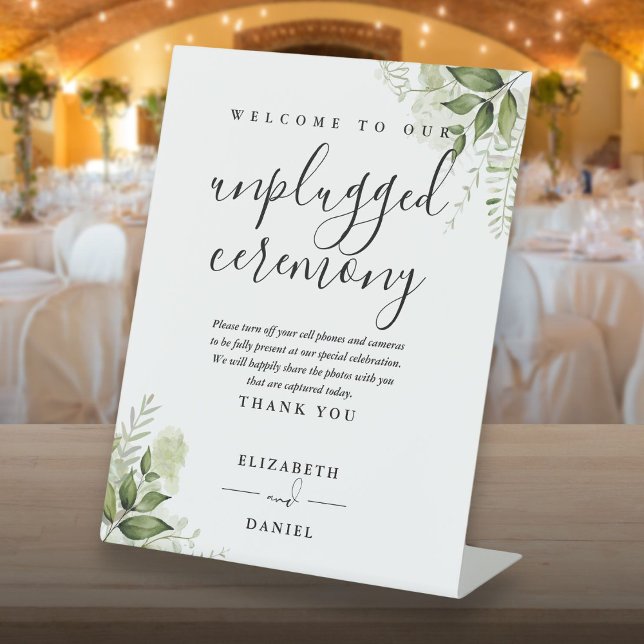 Signe De Table Cérémonie Florale moderne sans bouchon (Greenery Floral Modern Unplugged Ceremony Pedestal Sign)