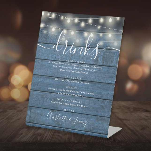Signe De Table Chaîne Lights Blue Wood Mariage Boissons Menu (String Lights Blue Wood Wedding Drinks Menu Pedestal Sign)