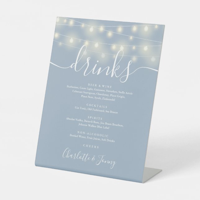 Signe De Table Chaîne Lights Dusty Blue Mariage Boissons Menu (Recto)