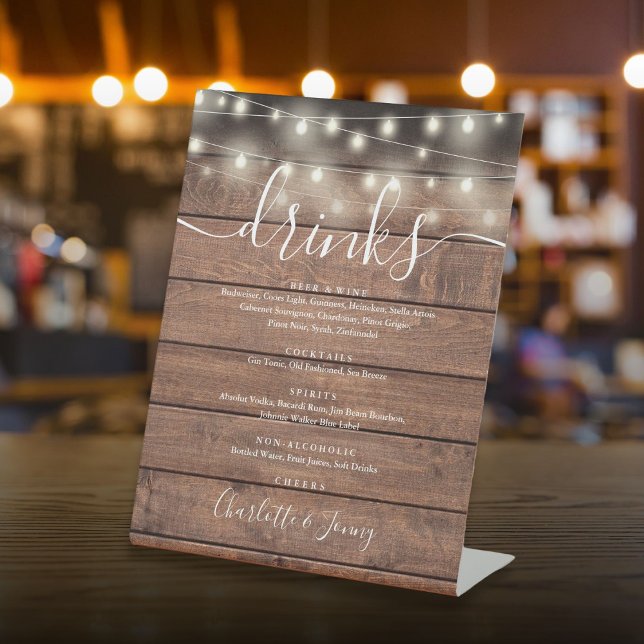 Signe De Table Chaîne Lights Rustic Wood Mariage Boissons Menu (String Lights Rustic Wood Wedding Drinks Menu Pedestal Sign)