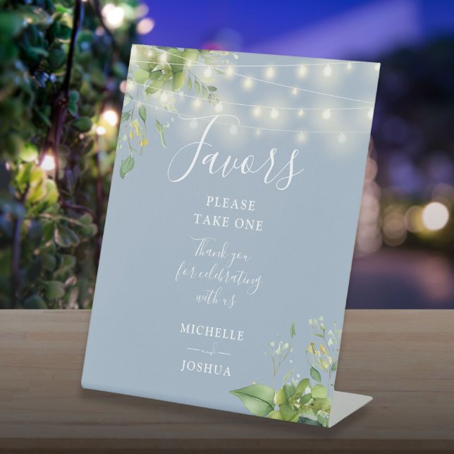 Signe De Table Chaîne Lights Verdure Botanique Dusty Blue Faveurs (String Lights Greenery Botanical Dusty Blue Favors Pedestal Sign)