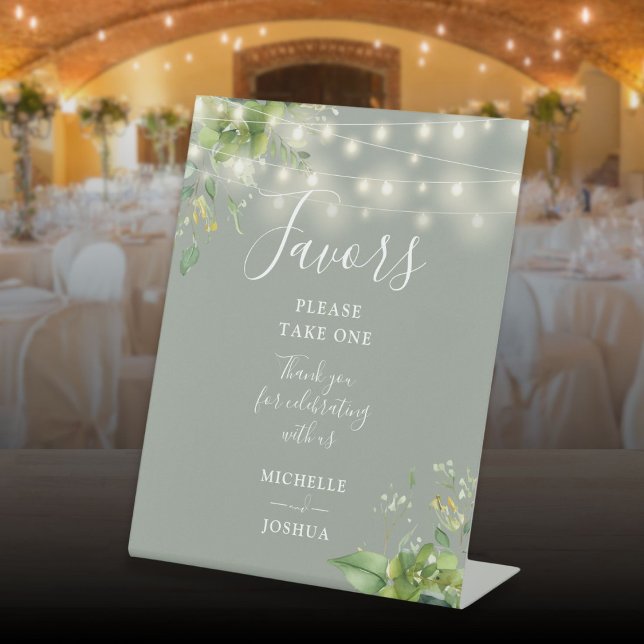 Signe De Table Chaîne Lights Verdure Botanique Sage Vert Faveurs (String Lights Greenery Botanical Sage Green Favors Pedestal Sign)