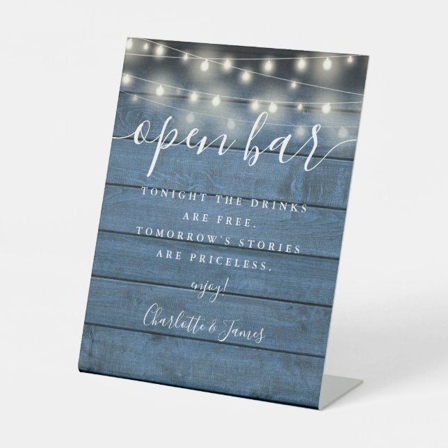 Signe De Table Chaîne Lumière Bleu Rustique Script Open Bar (Recto)
