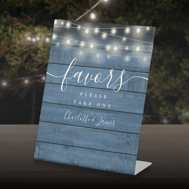 Signe De Table Chaîne Lumières Bleu Bois Noir Faveurs Table (String Lights Blue Wood Wedding Favors Table Pedestal Sign)