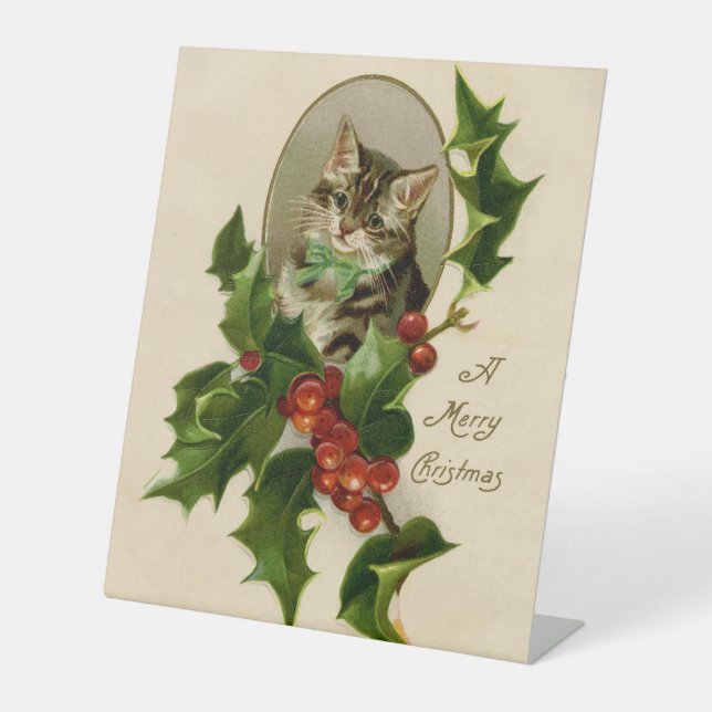 Signe De Table Chat Noël Joyau Holly Kitten Art antique (Recto)