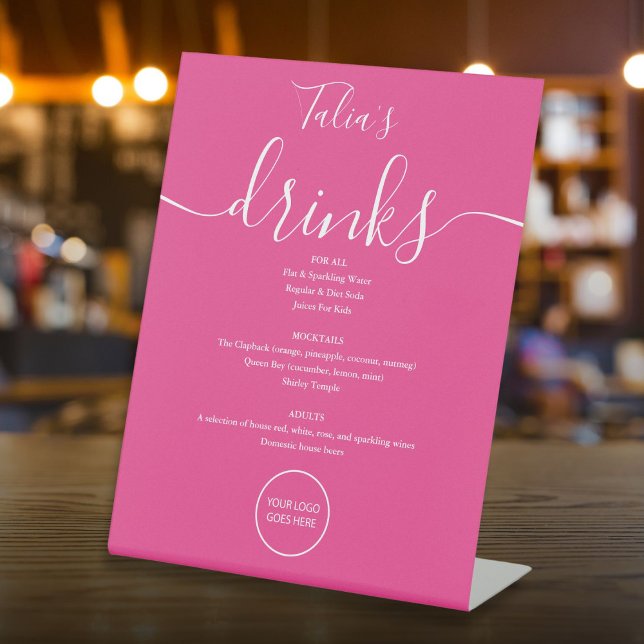 Signe De Table Chaud rose Signature Script Mariage Logo Menu Bois (Hot Pink Signature Script Wedding Logo Drinks Menu Pedestal Sign)
