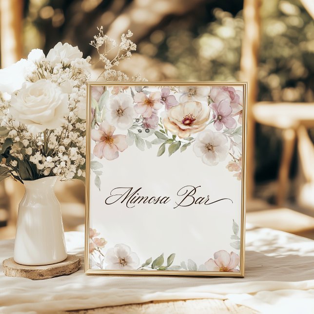 Signe De Table Chic Floral Aquarelle Mimosa Bar Fête des mariées (Chic Floral Watercolor Mimosa Bar Bridal Shower Pedestal Sign)