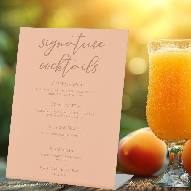 Signe De Table Chic Peach Summer Mariage Signature Cocktails Menu (Créateur téléchargé)