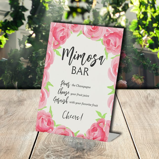 Signe De Table Chic rose Roses Fête des mariées Mimosa Bar (Pink Roses Bridal Shower Mimosa Bar Pedestal Sign)