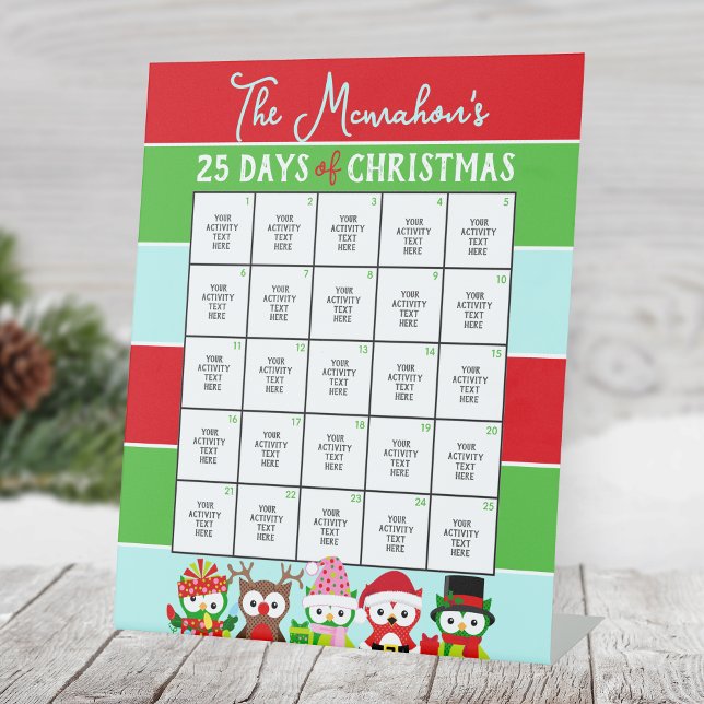 Signe De Table Chouettes de vacances 25 Jours d'activité de Noël (25 Days of Christmas Holiday Activity Pedestal Sign.Cute Owls Design, Other Designs Available)