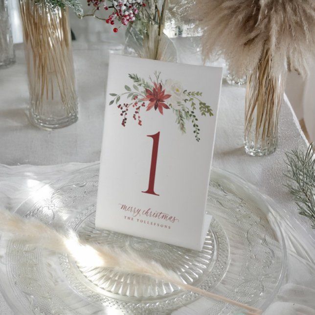 Signe De Table Christmas Table Numbers Elegant Berries Greenery (Elegant Christmas table number with watercolor red holly berries and greenery festive design.)
