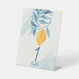 Signe De Table Citron avec illustration botanique feuille bleue